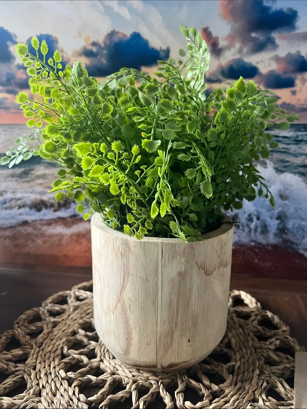 Realistic Green Faux Fern in Natural Wood Planter